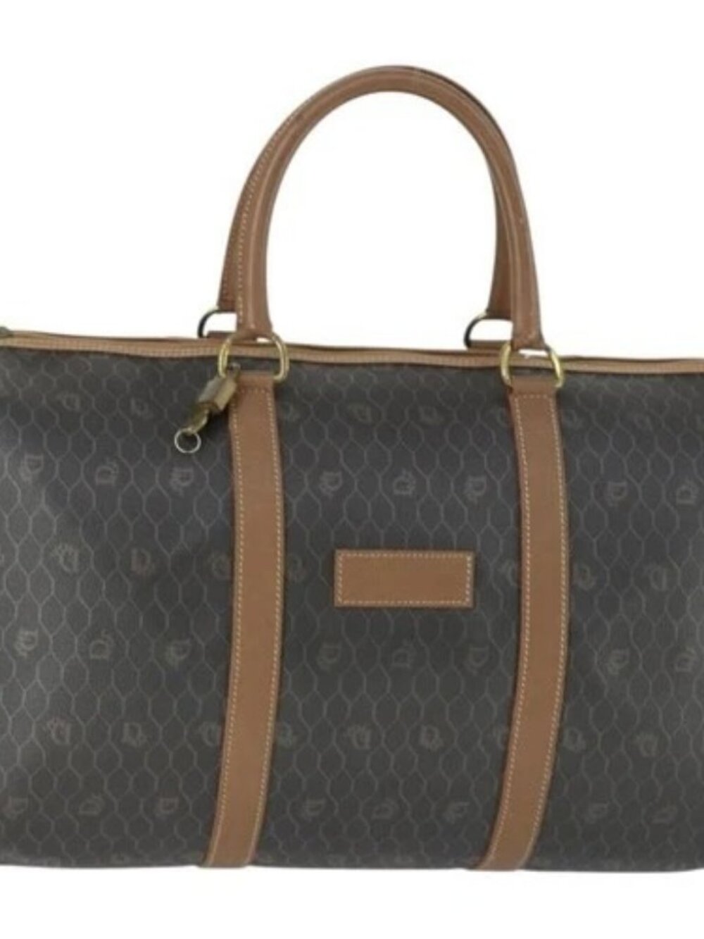 Christian Dior Honeycomb Canvas Boston Bag PVC Black Gold Auth ep12688